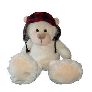 Gitzy Ivory Bear With Winter Red Plaid Hat Plush Bean Bag Toy